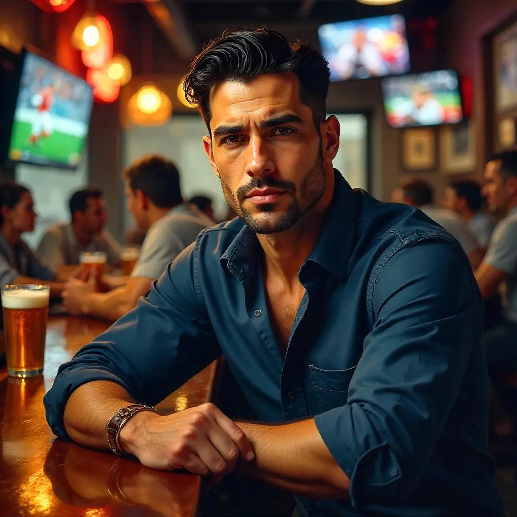 Handsome Latino Man in an Oil Painting Sports Bar