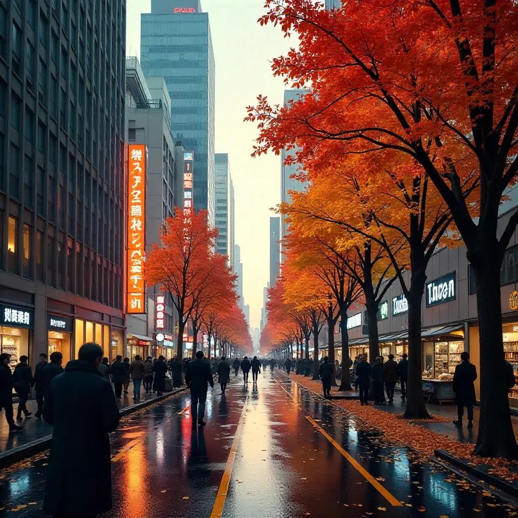 Autumn Trees Framing Tokyo Streets Among Skyscrapers