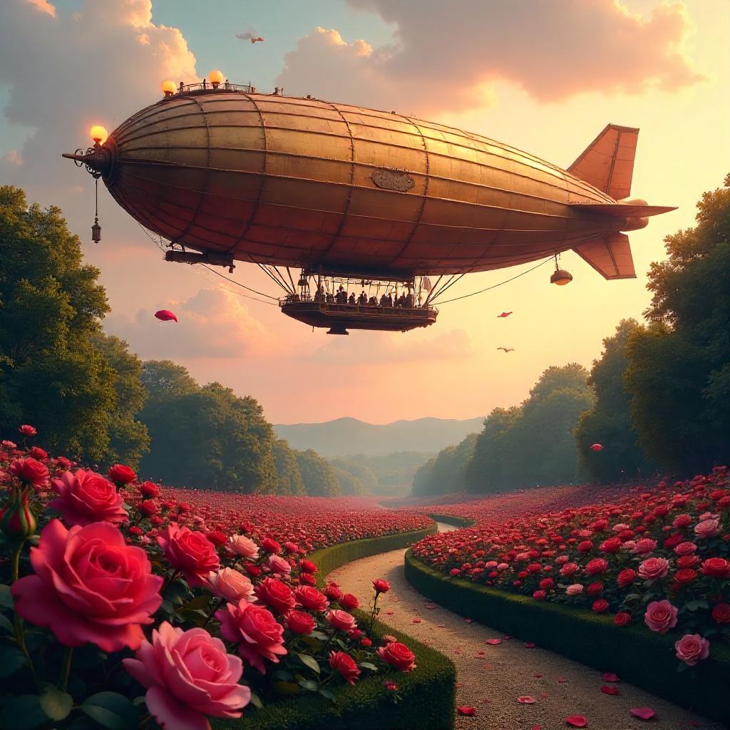 Airship Over a Blooming Rose Garden