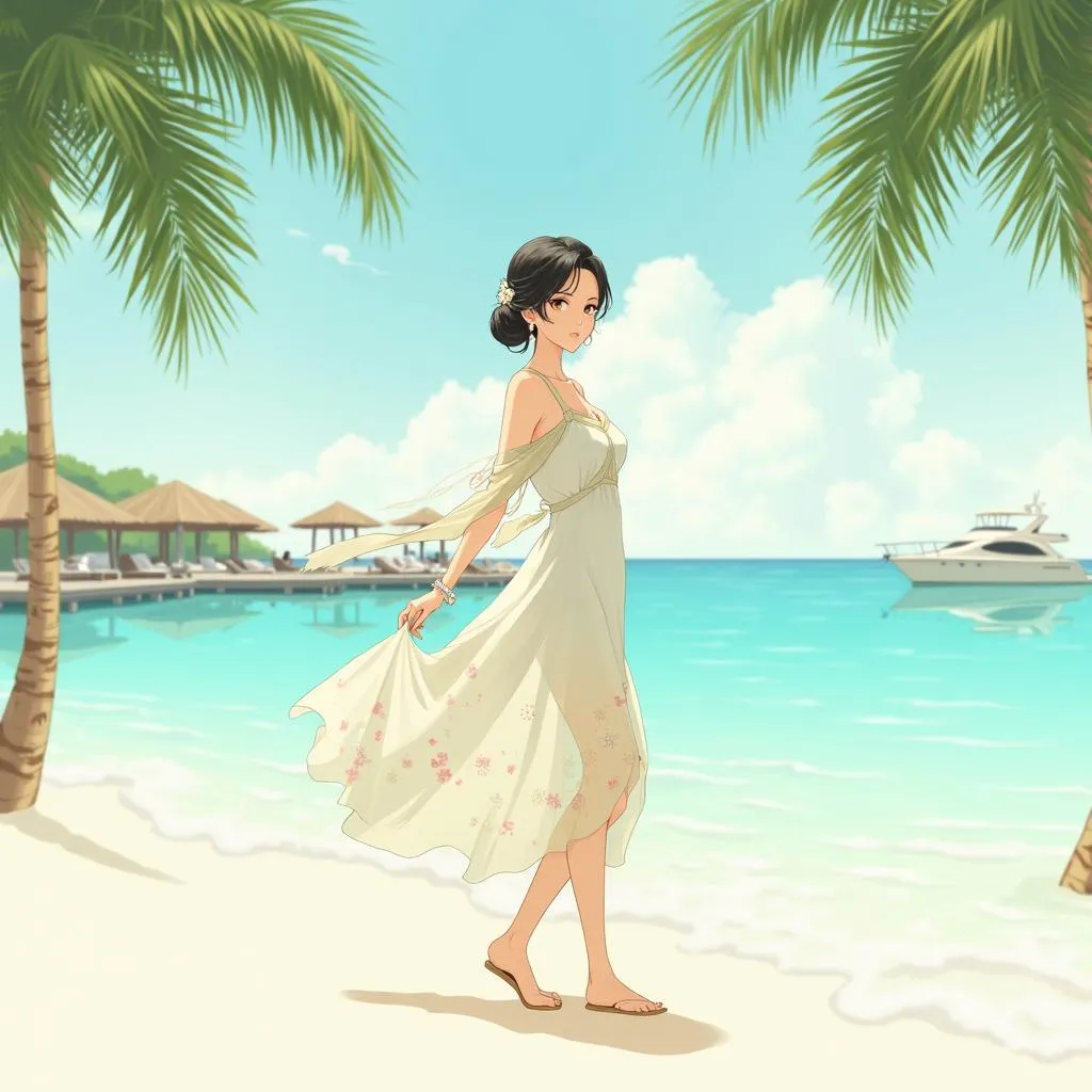 Elegant Asian Girl at a Beach Resort - Anime Style