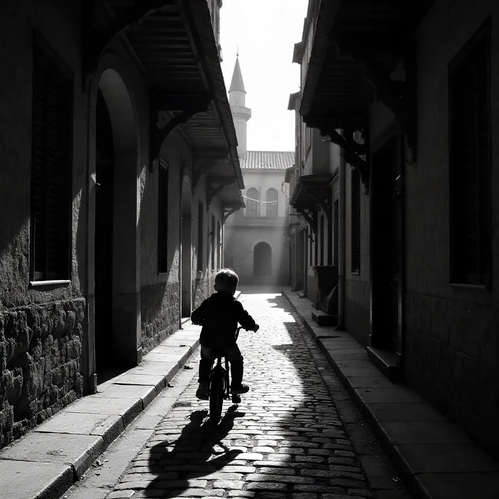 Shadowed Bursa Street: Child on Bicycle in Mono
