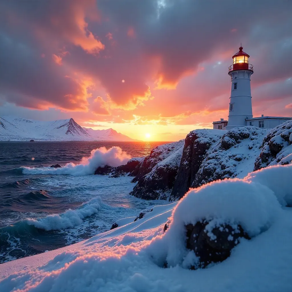 Dramatic Sunset Behind Icelandic Lighthouse