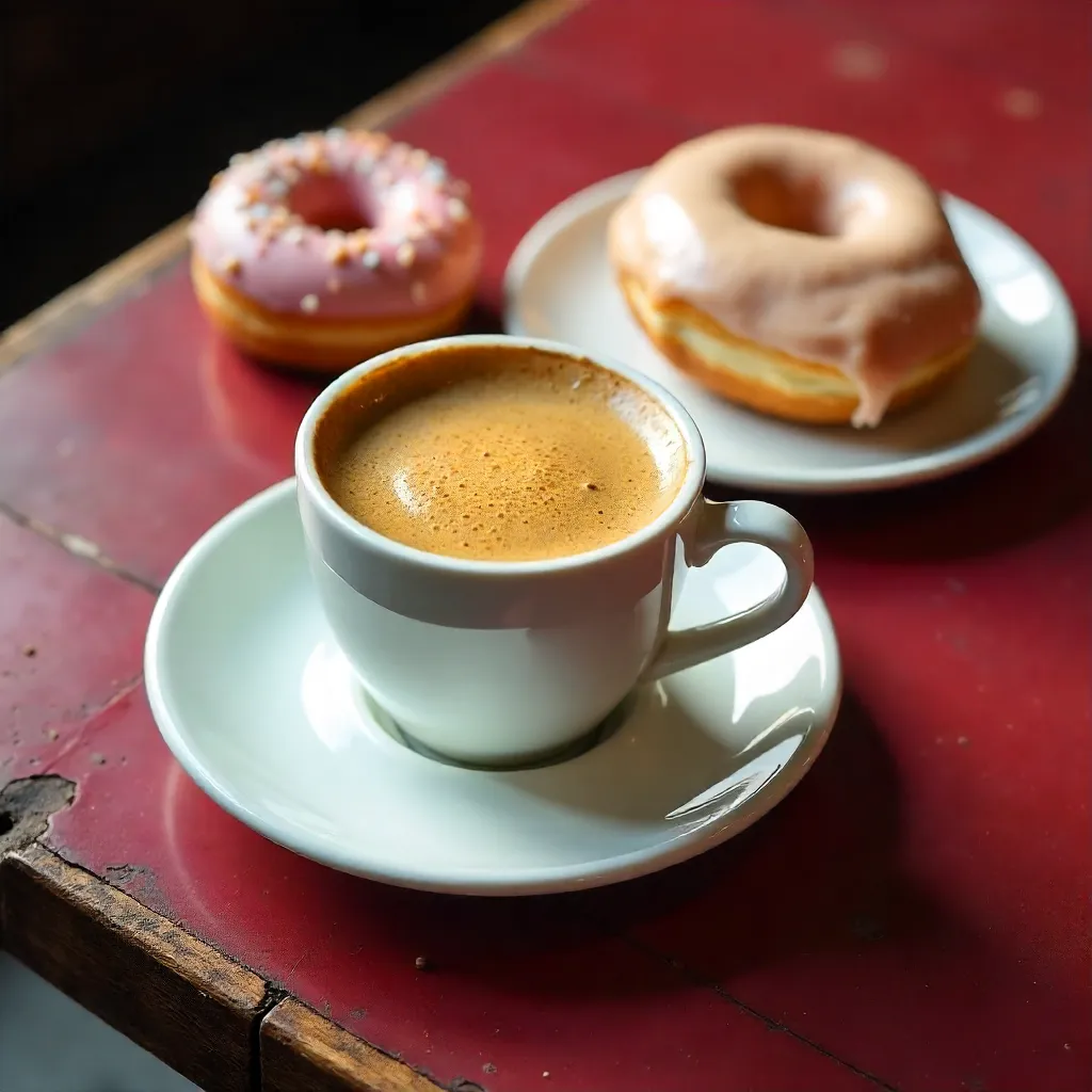 Cup of Coffee with Foam and Two Donuts on Red Rustic Surface