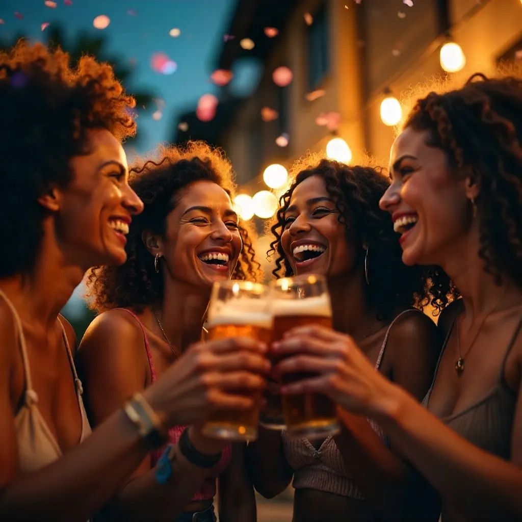 Low-angle toast of diverse adult friends at a party