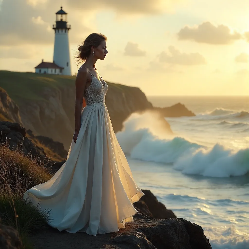 Elegant Woman by Cliffside Lighthouse