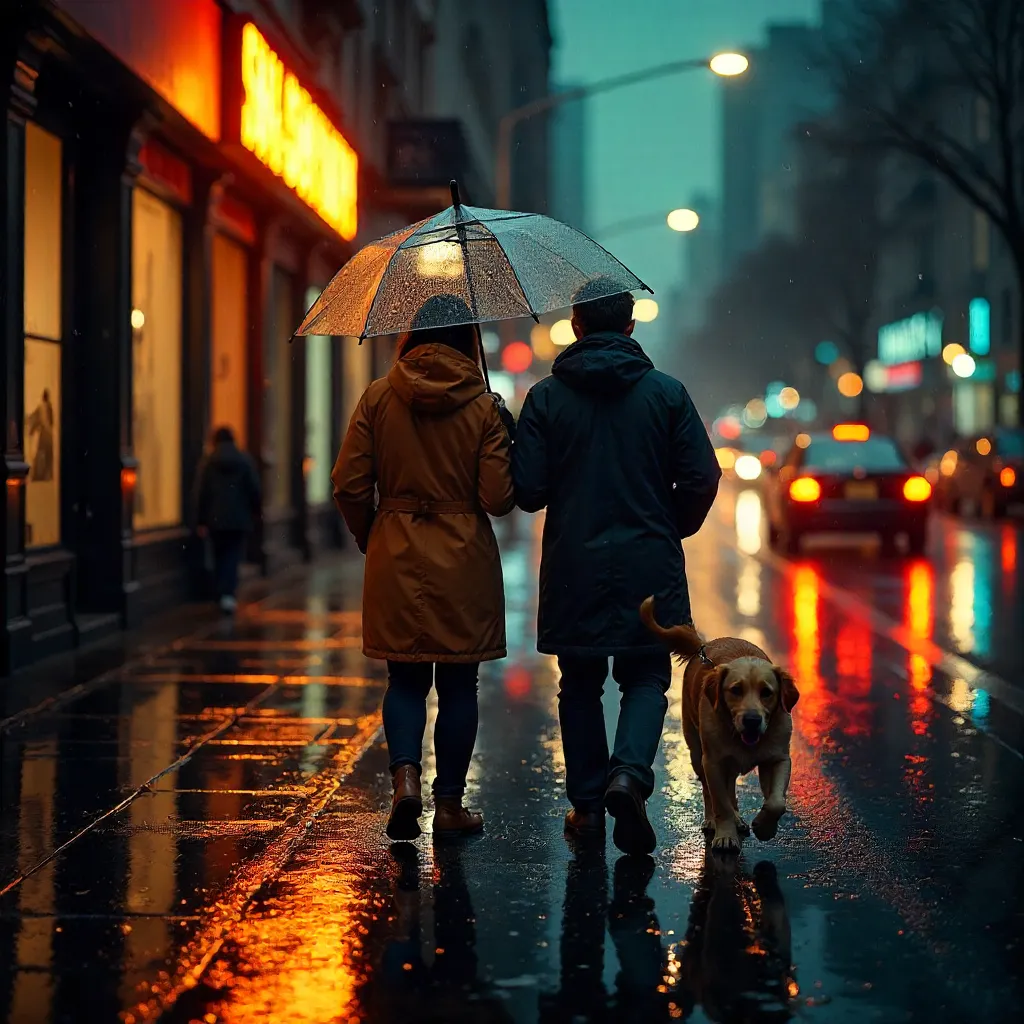 Rainy Downtown Seattle: Couple, Dog, Neon Lights