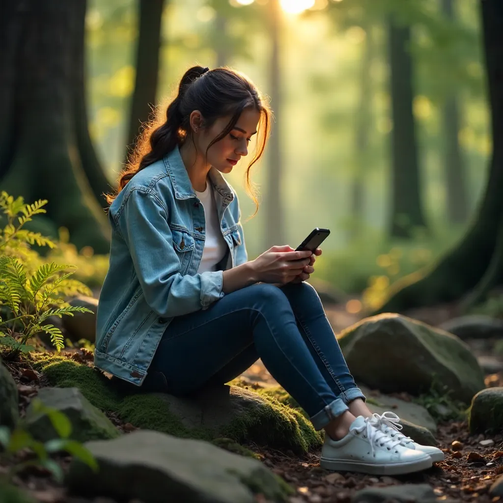 Forest Rock: Woman on Phone in Quiet Clearing