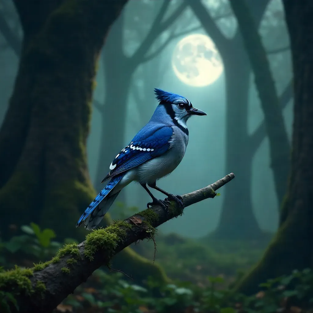 Graceful Blue Jay in a Moody Dark Forest