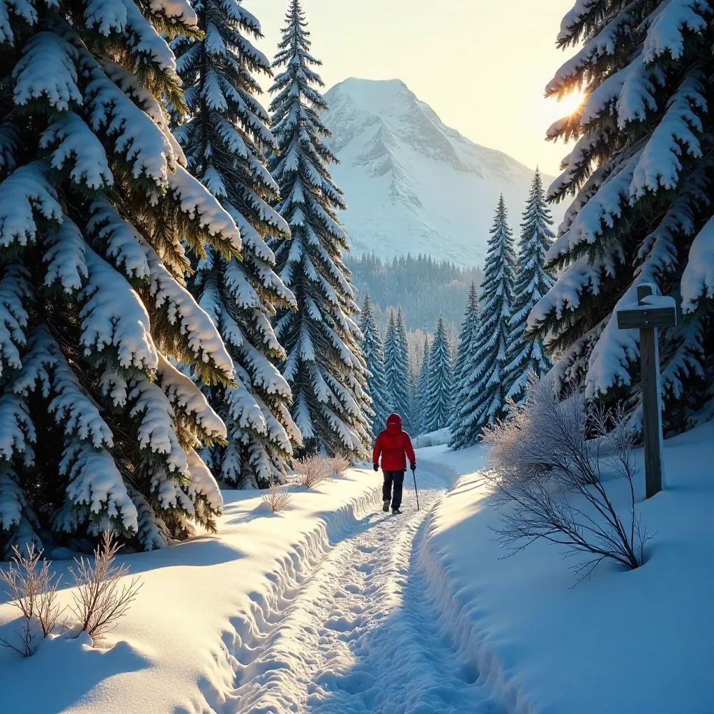 Solitary Figure Along a Snow-Covered Forest Trail, Government Camp