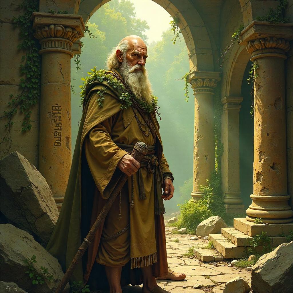 Druid in Temple Ruins: An Oil Painting