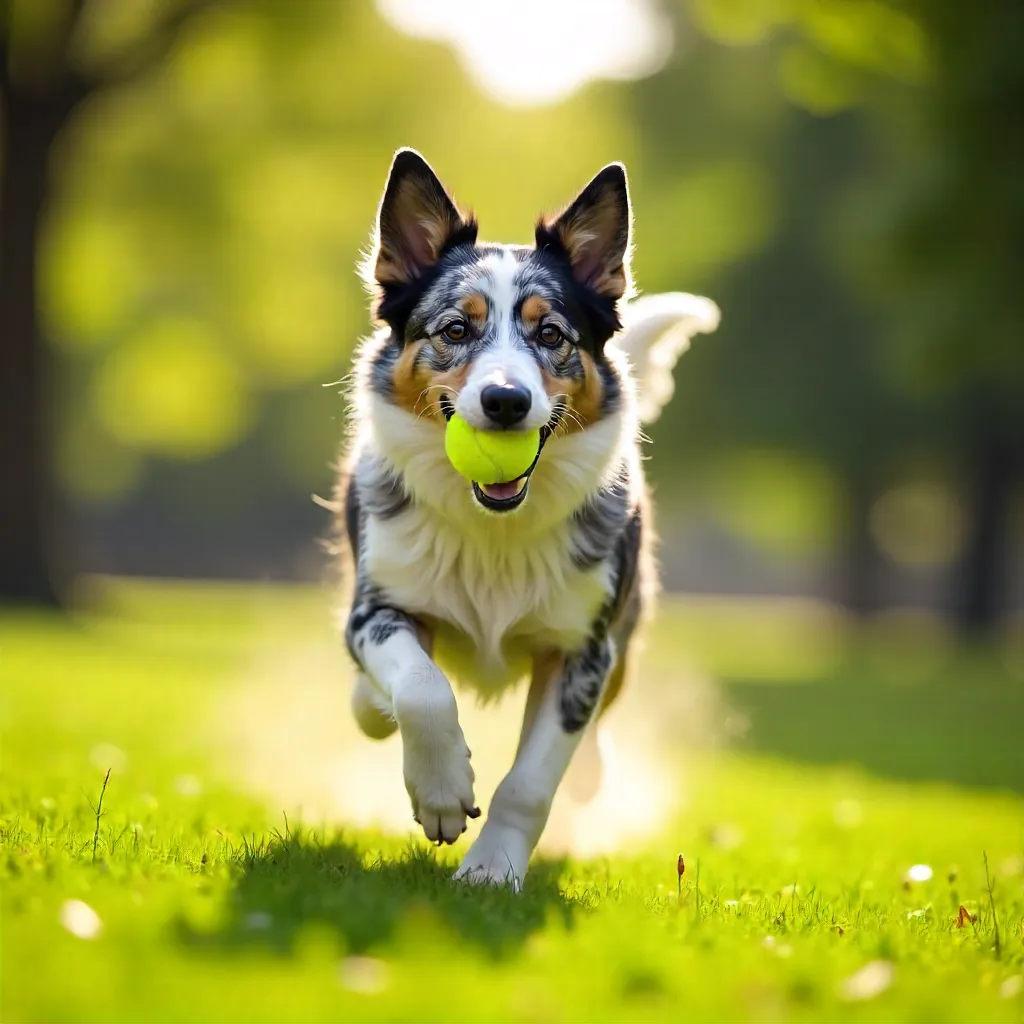 Joyful Australian Shepherd Chasing a Tennis Ball Outdoors