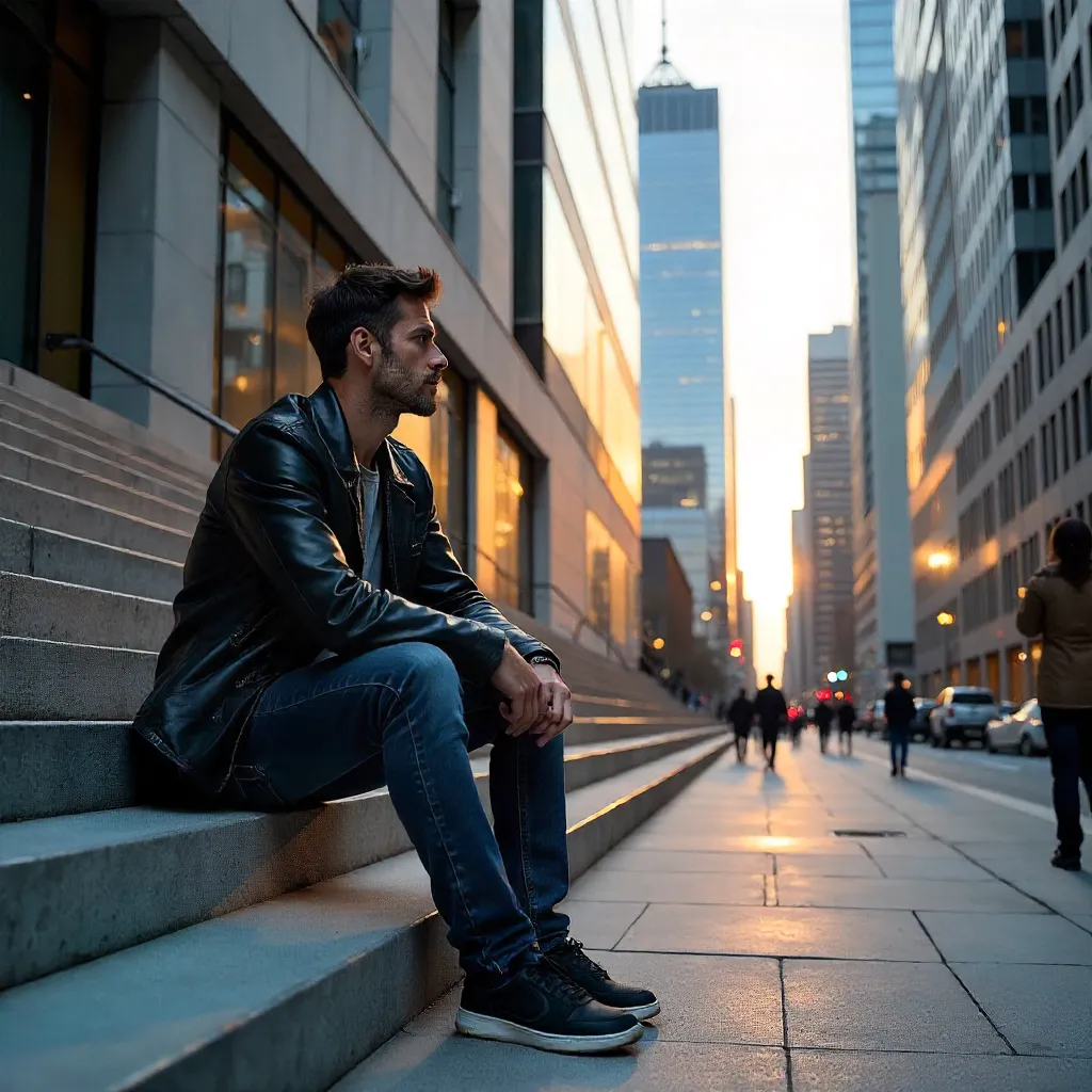 Man on a Staircase in a Modern Urban Landscape
