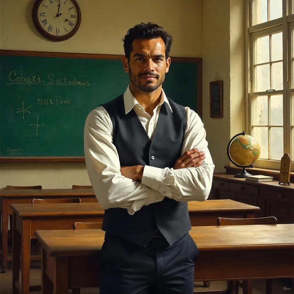 Confident Latino Mentor in an Old-Classroom Oil Painting