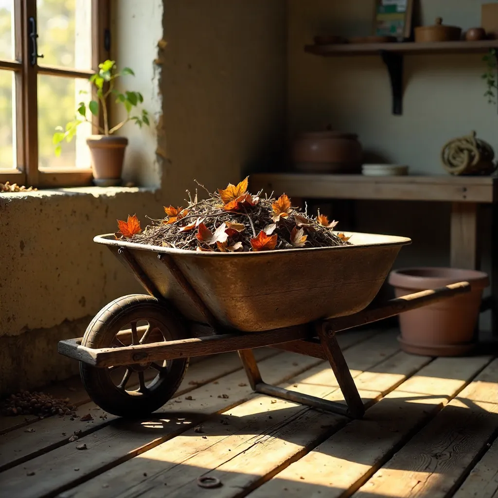 Rustic Indoor Wheelbarrow Overflowing with Dried Leaves