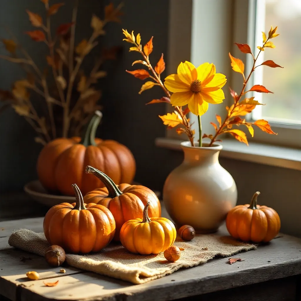 Charming Fall Still Life: Pumpkins and Yellow Flower
