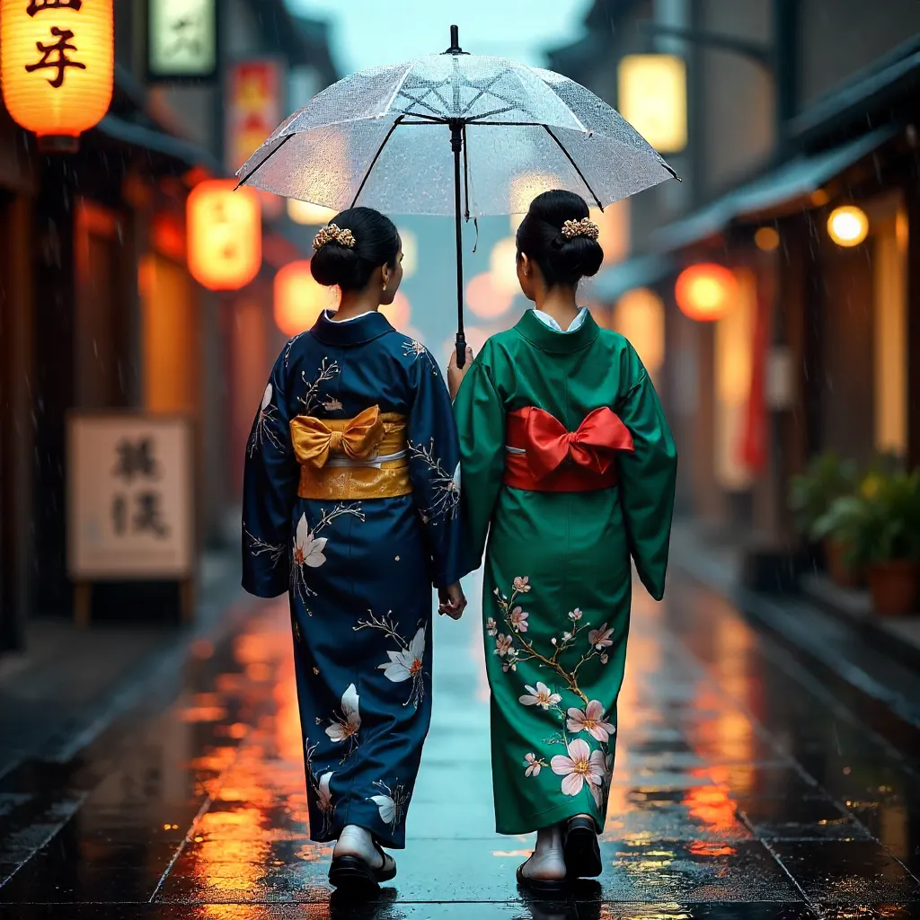 Kyoto Rain: Two Women in Clear Umbrellas in Kimonos