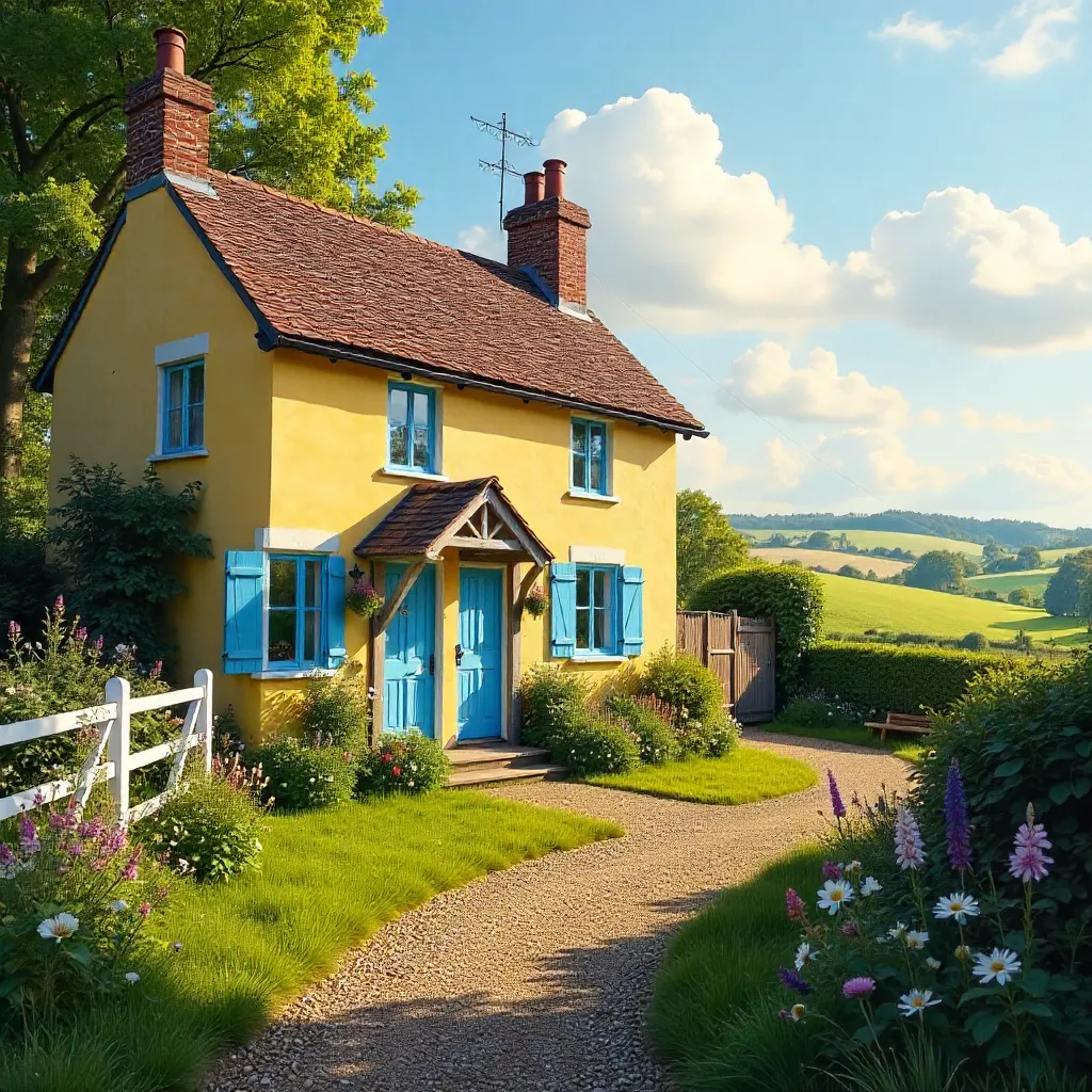 Yellow Cottage with Blue Shutters in the Countryside