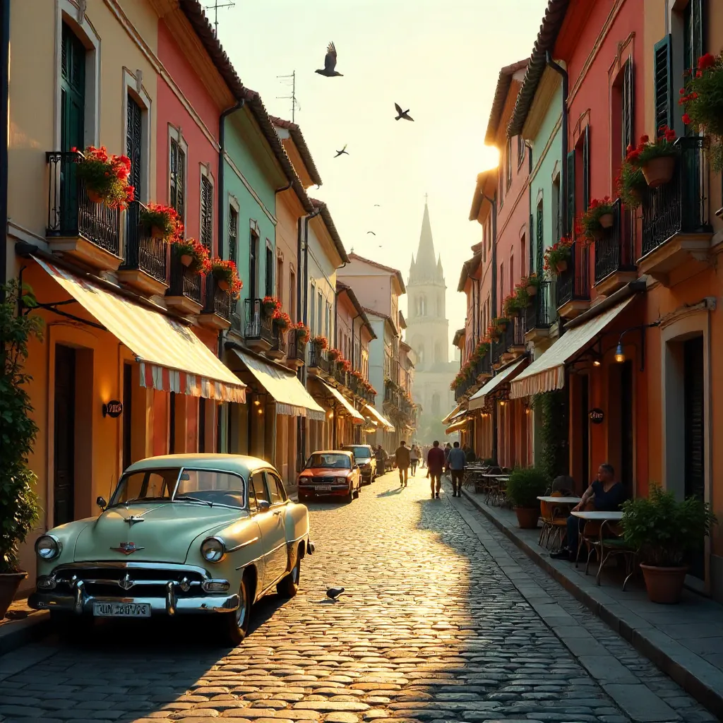 Pastel European Street with Vintage Car at Golden Hour