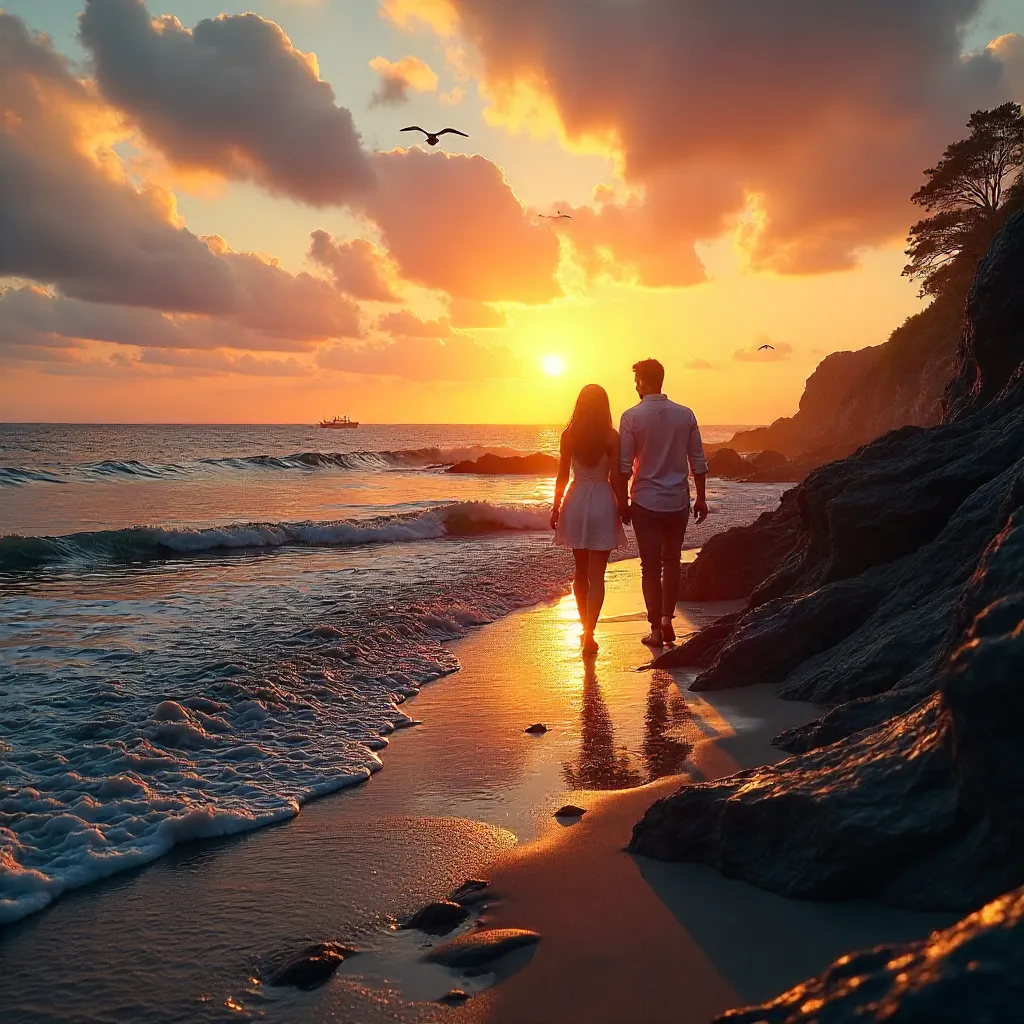 Romantic Sunset Walk on Rocky Ocean Shore