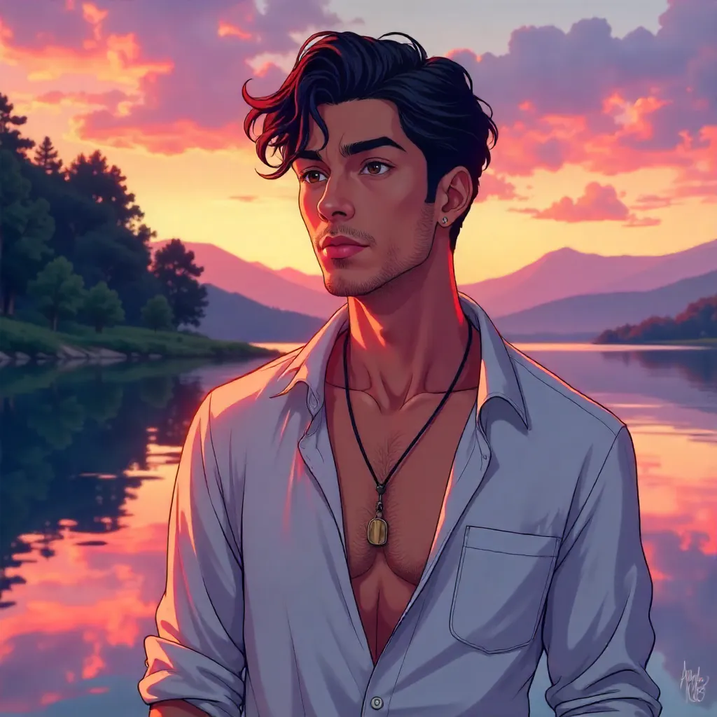 Handsome Latino Man by a Lake - Anime Portrait