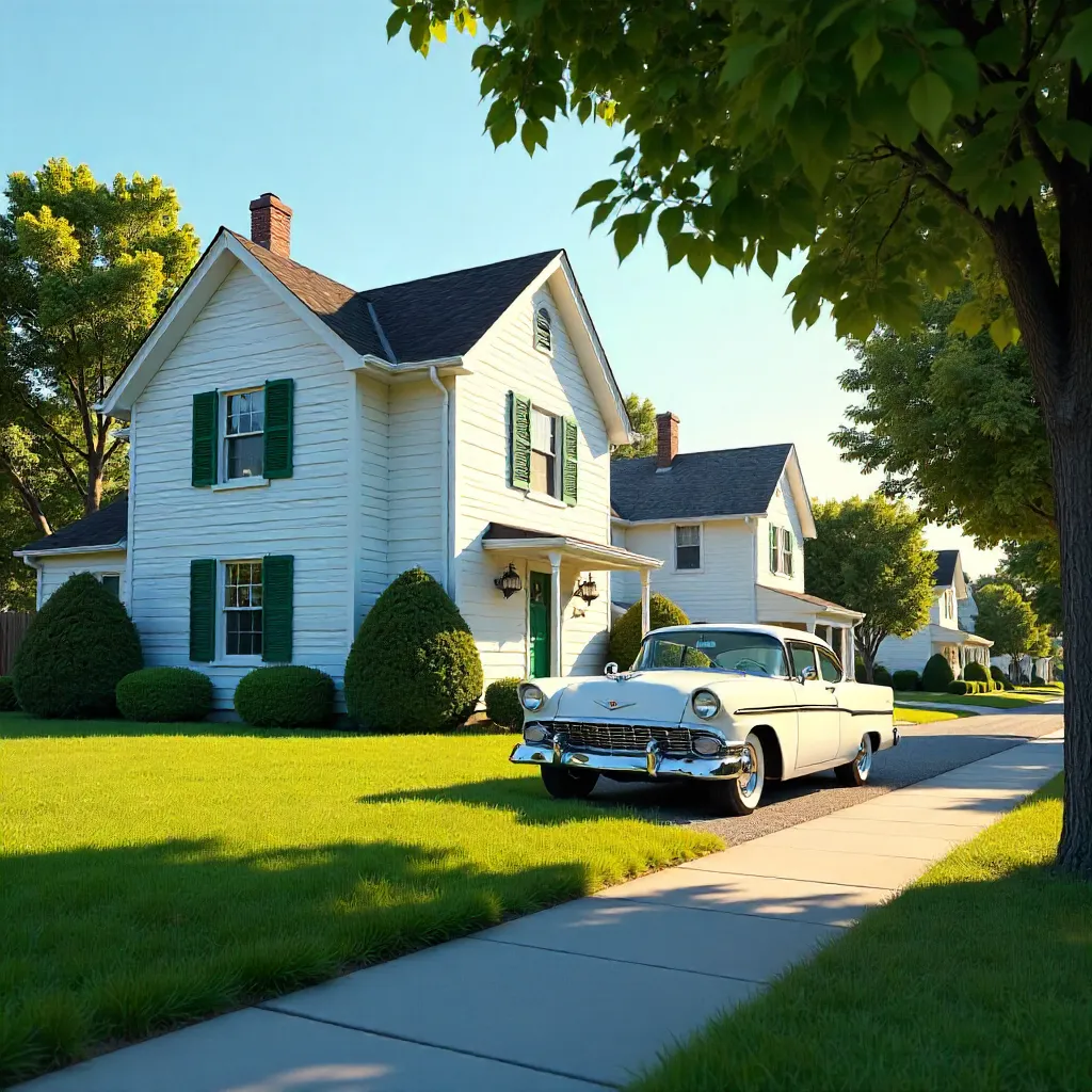 Sunny Suburban Home with Green Shutters and Classic Car