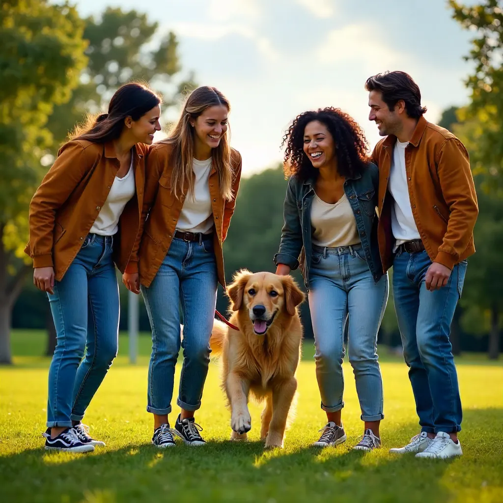 Joyful Friends Outdoors with a Playful Dog
