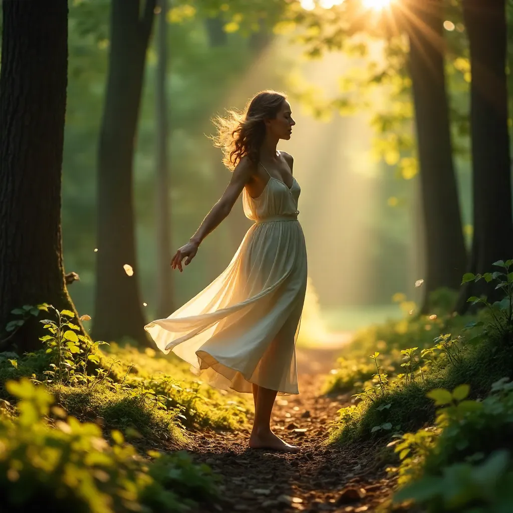 Sunlit Forest Dance: Serene Woman in White