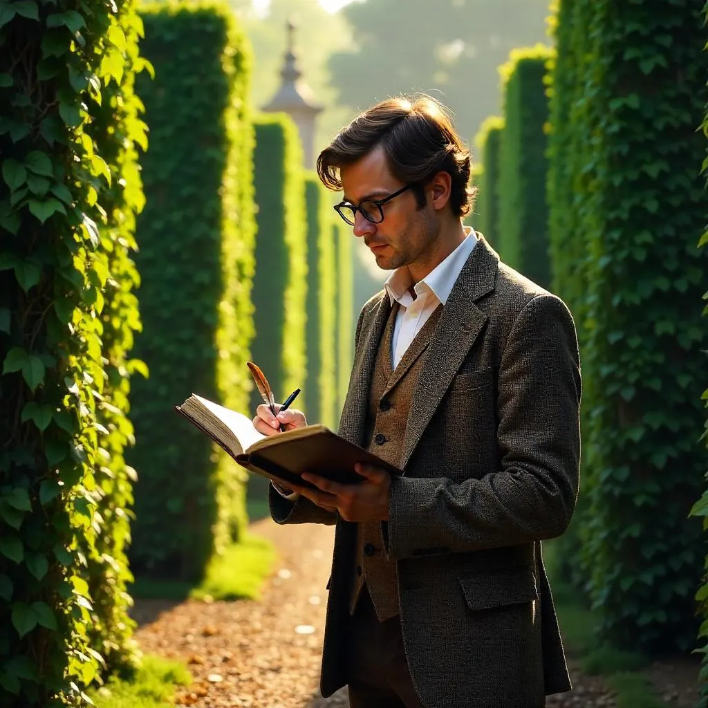 Photorealistic Scholar Wandering a Hedge Maze