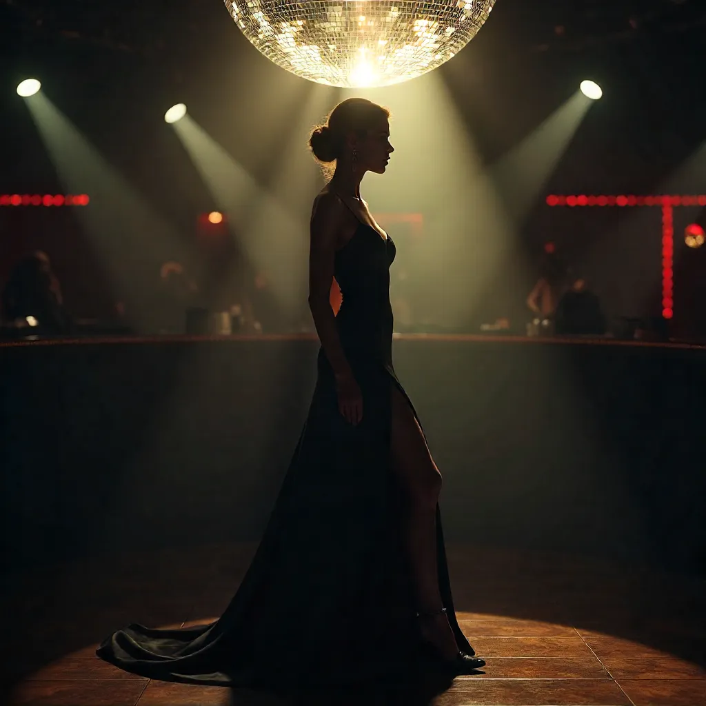 Elegant Woman in Black Dress by Spotlight and Disco Ball