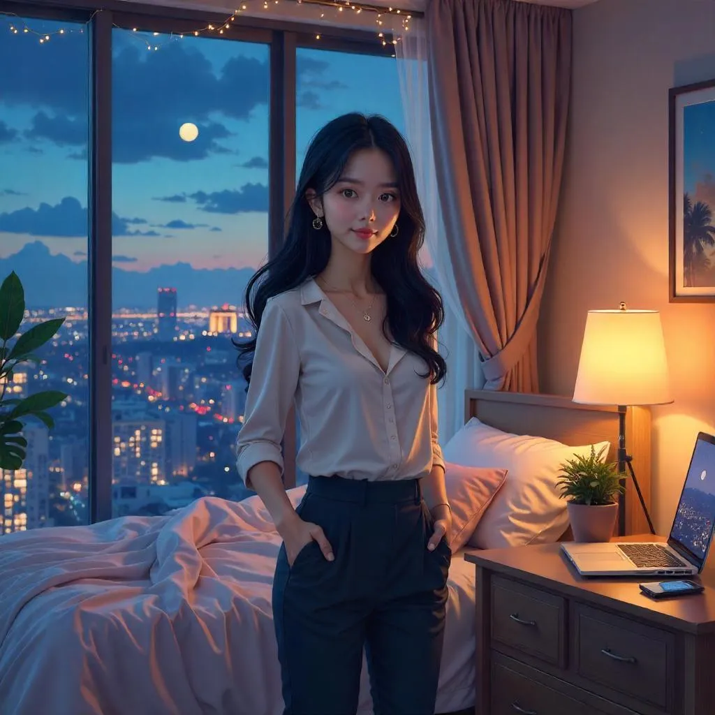 Neon Bedroom Vibe: Stylish Asian Girl in Anime Style