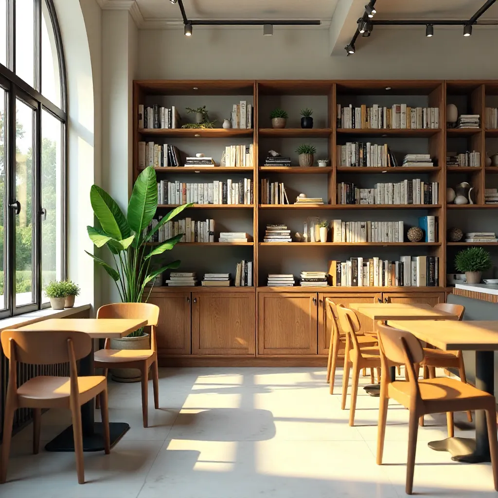 Chic Modern Cafe Interior with Bookshelf and Plant