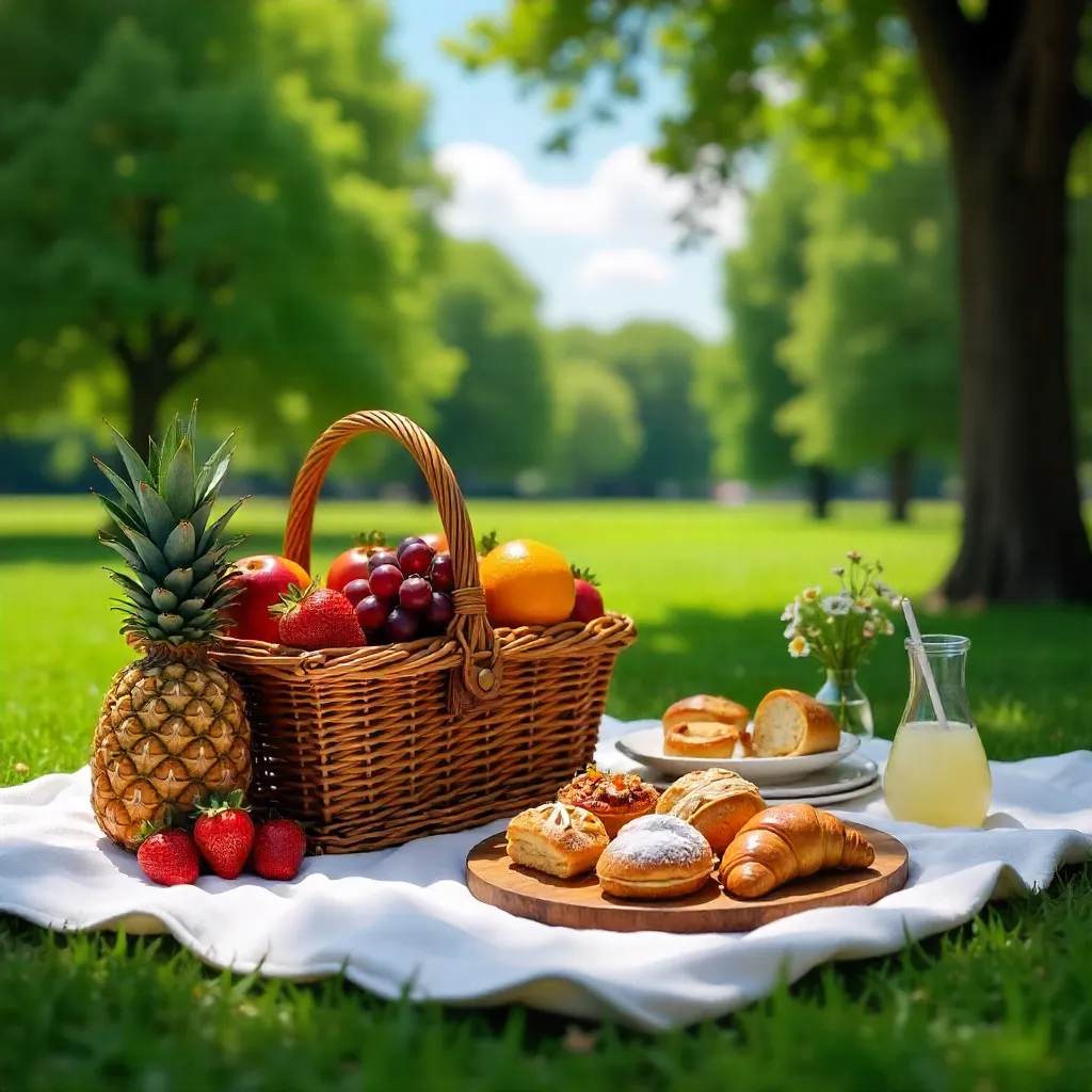 Delightful Picnic: Fruit Basket and Pastries on White Blanket