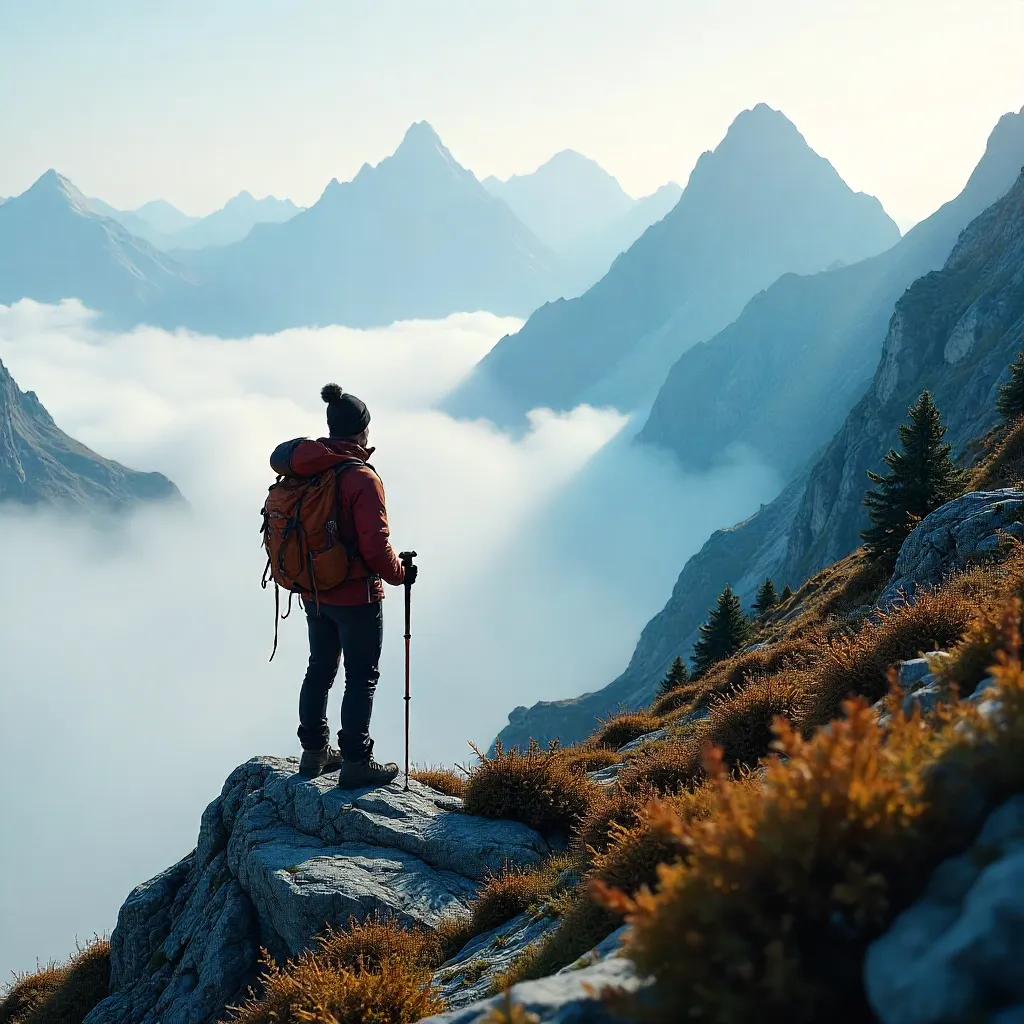 Lone Hiker in a Foggy Alpine Landscape