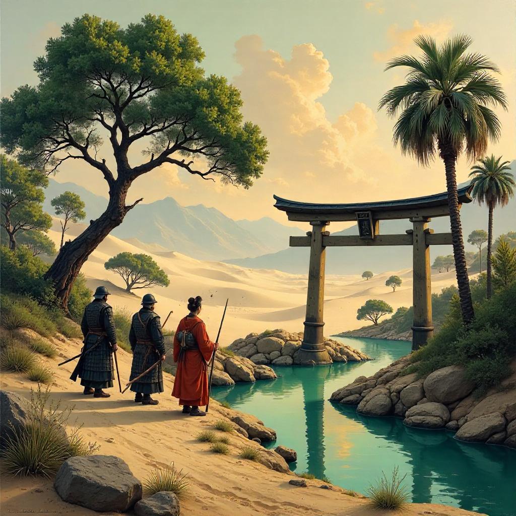 Oasis at Dusk in Feudal Japan