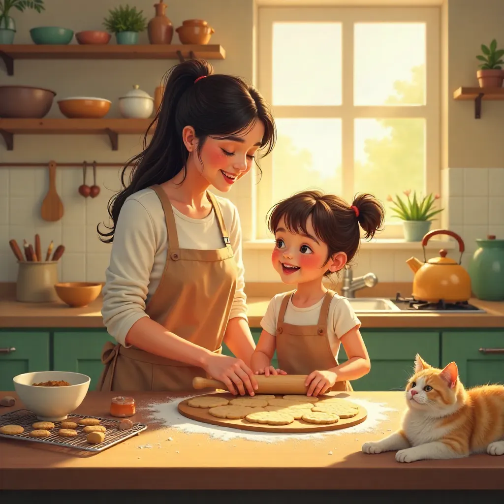 Joyful Mother and Daughter Bake in Cozy Kitchen