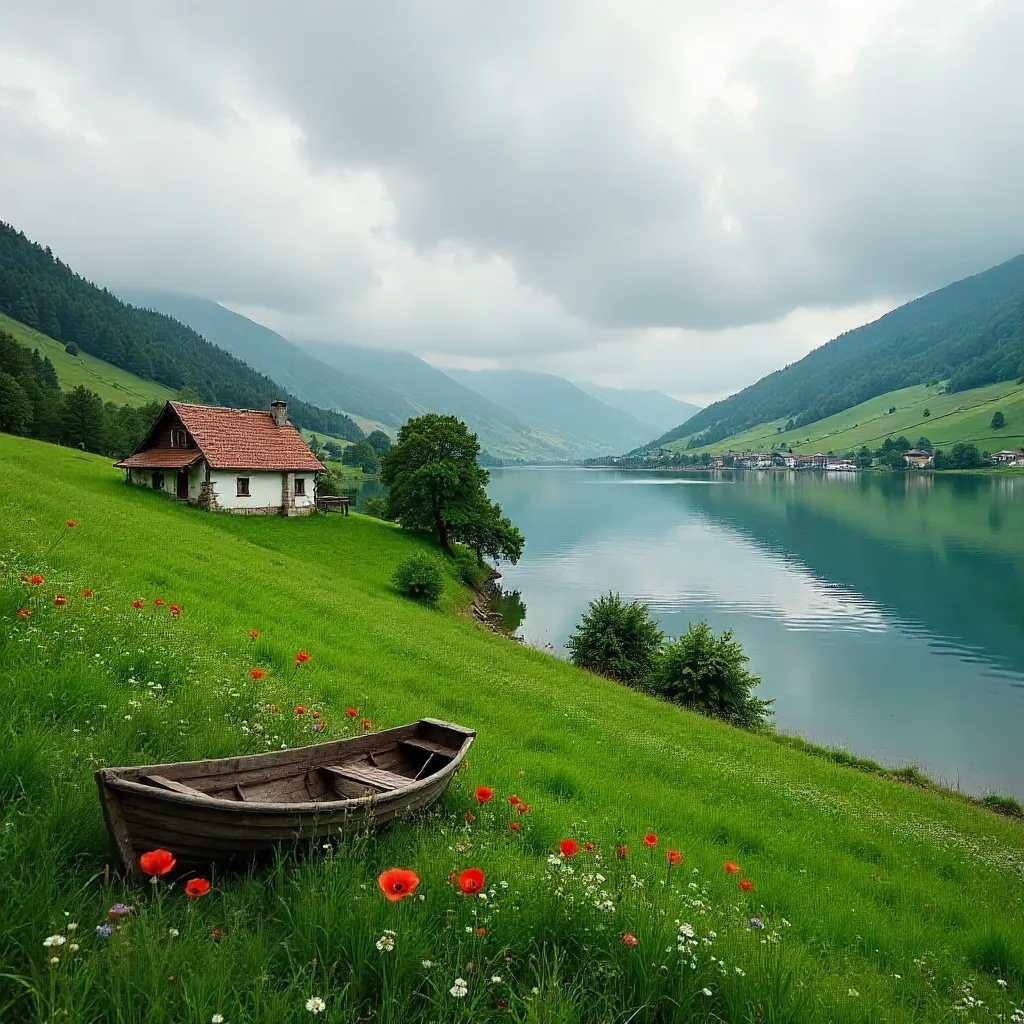 Bulgarian Green Fields by a Cloudy Lake and Distant Hills