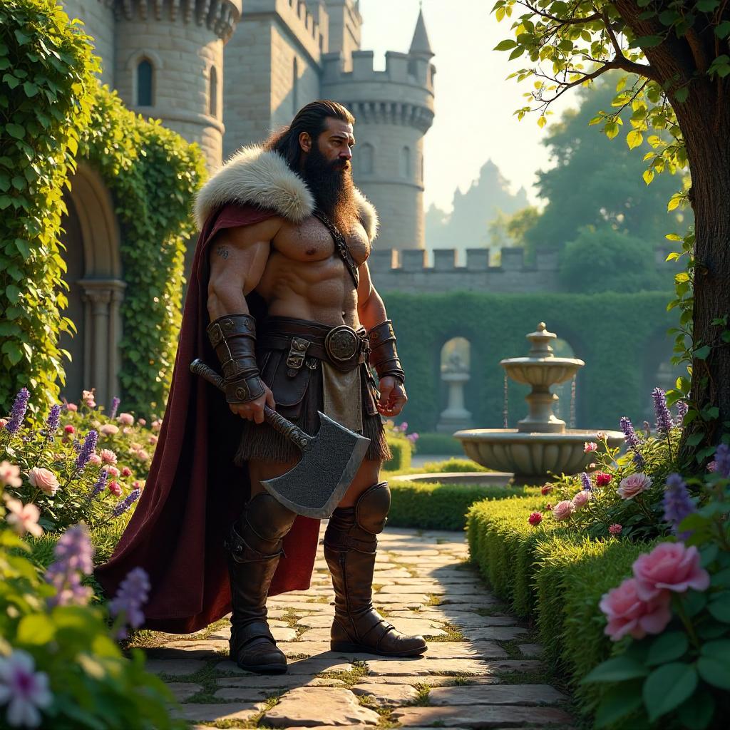 Photoreal Barbarian Amid Castle Garden Vistas