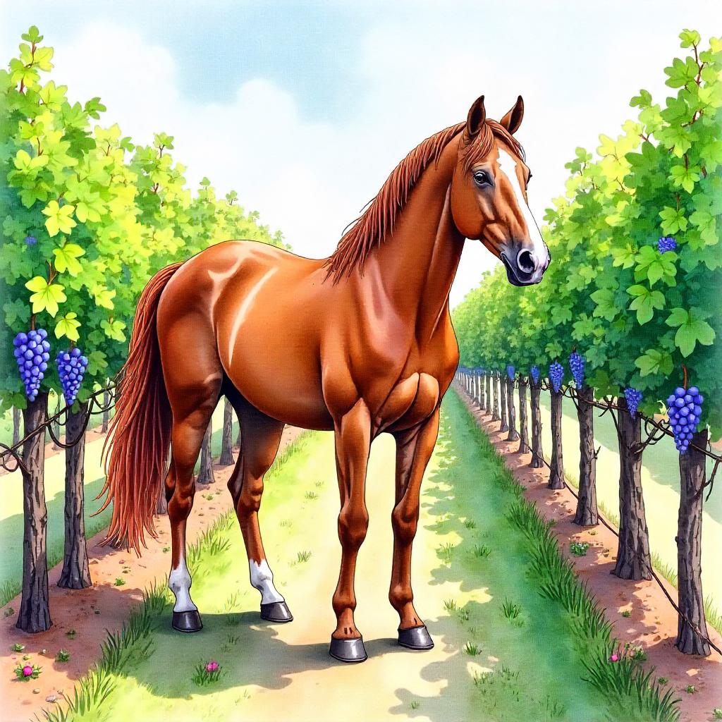 Pastel Watercolor Horse in a Vineyard