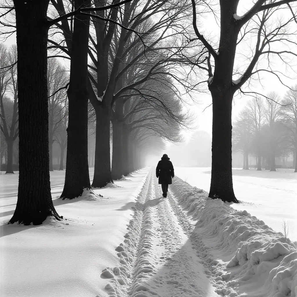 Lone Walker in a Serene Black-and-White Winter Park