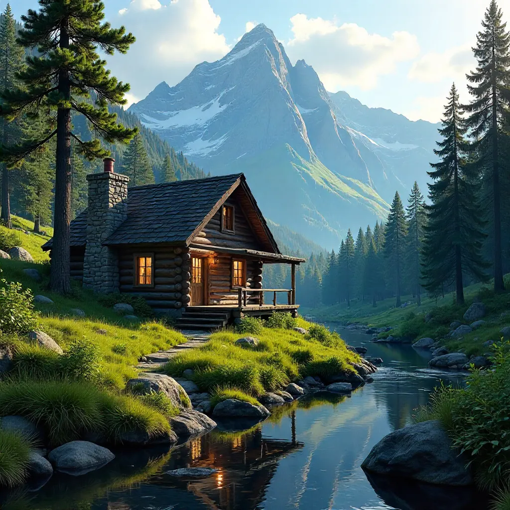 Cabin in a Lush Forest Under Mountain Majesty