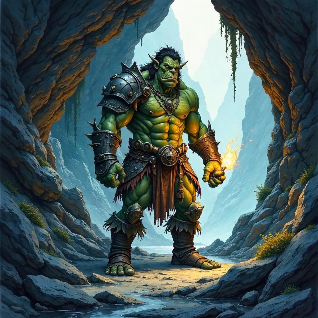 Orc in a Mountain Cave: Watercolor Reverie