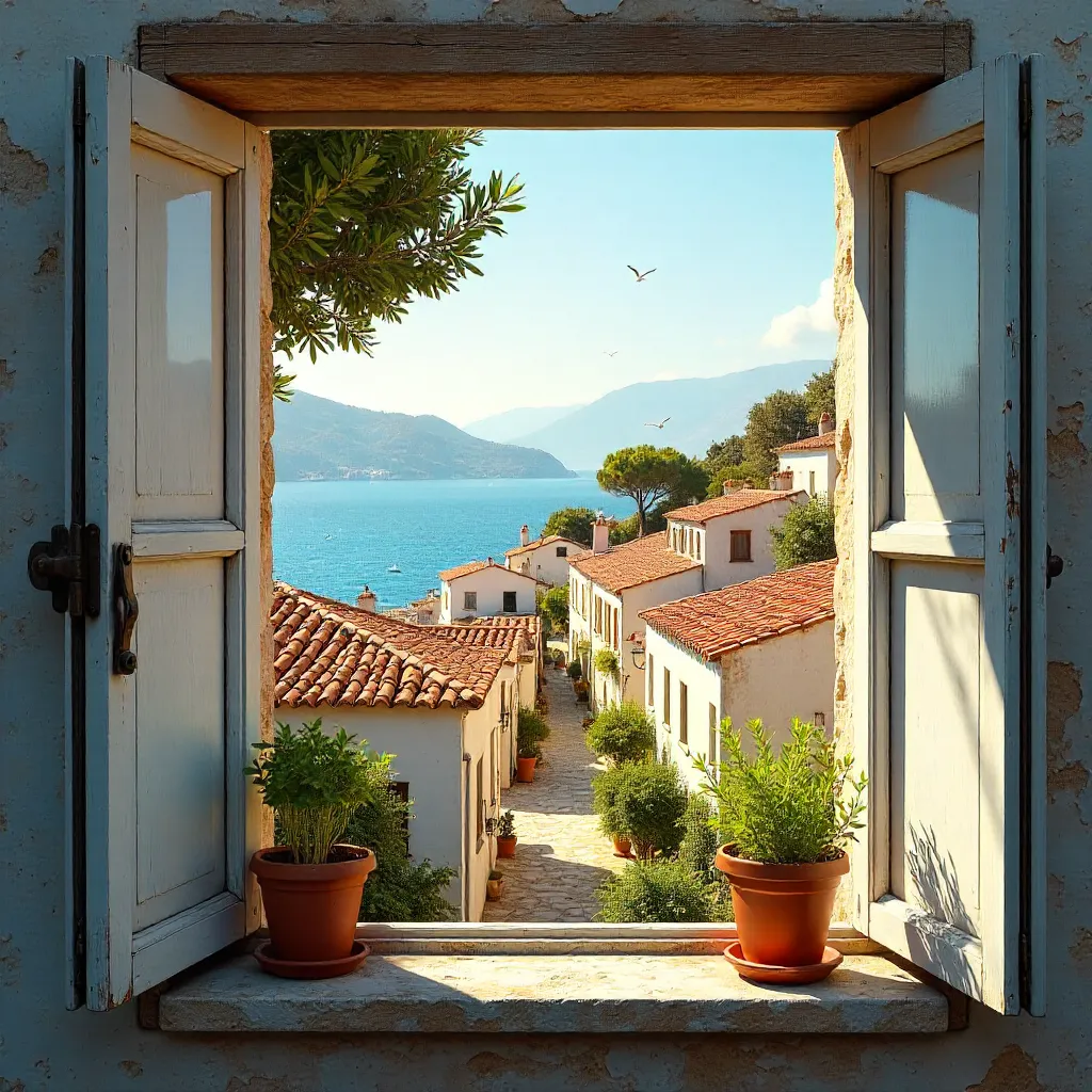 Charming Rustic Window View of the Mediterranean Coast