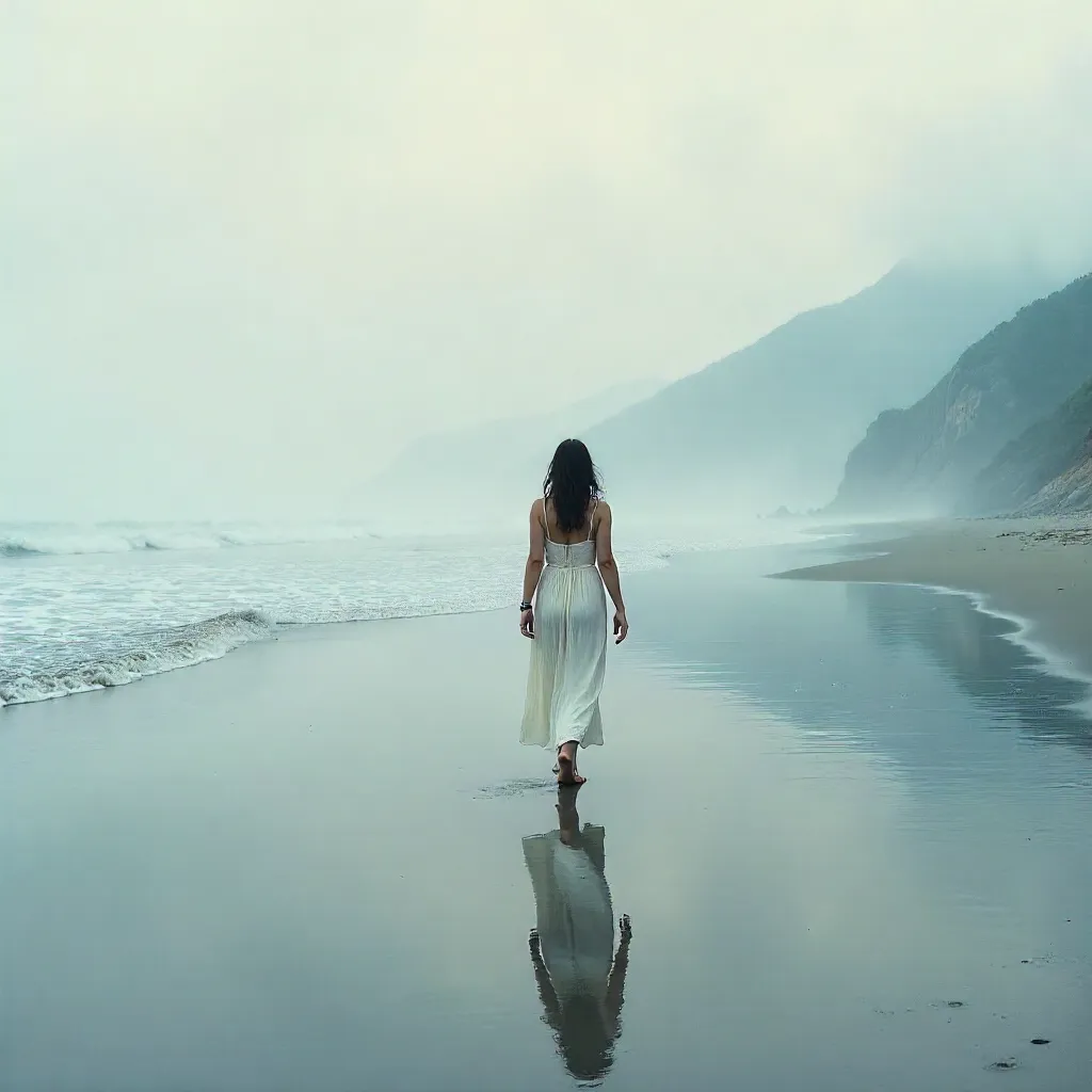 Lone Woman on a Misty Seaside Dawn