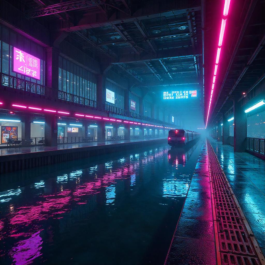 Neon Lake in a Cyberpunk Train Station