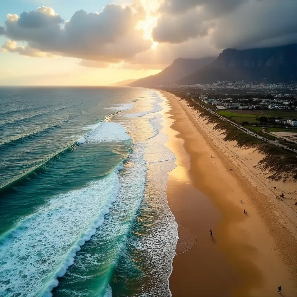 Cape Town Aerial: Dynamic Waves and Sandy Coast