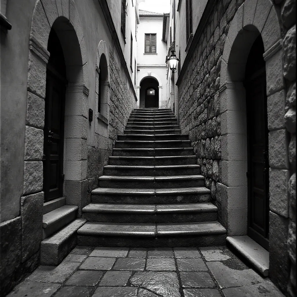 Monochrome Narrow Alley with Stone Steps and Arches