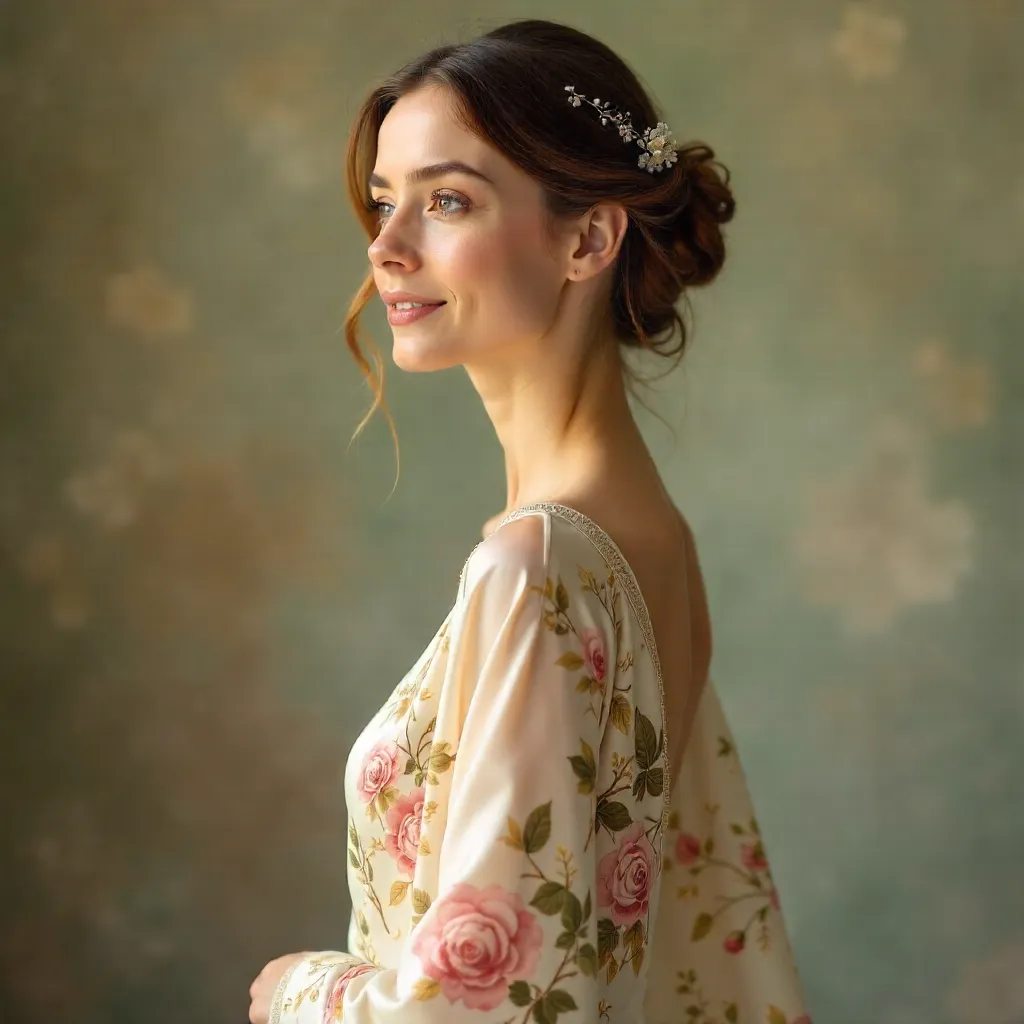 Serene Portrait in Floral Silk