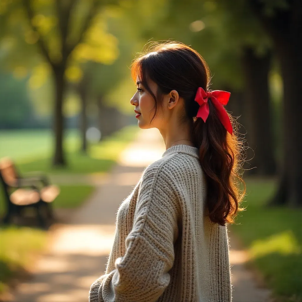 Serene Park Pathway with Red Ribbon Moment