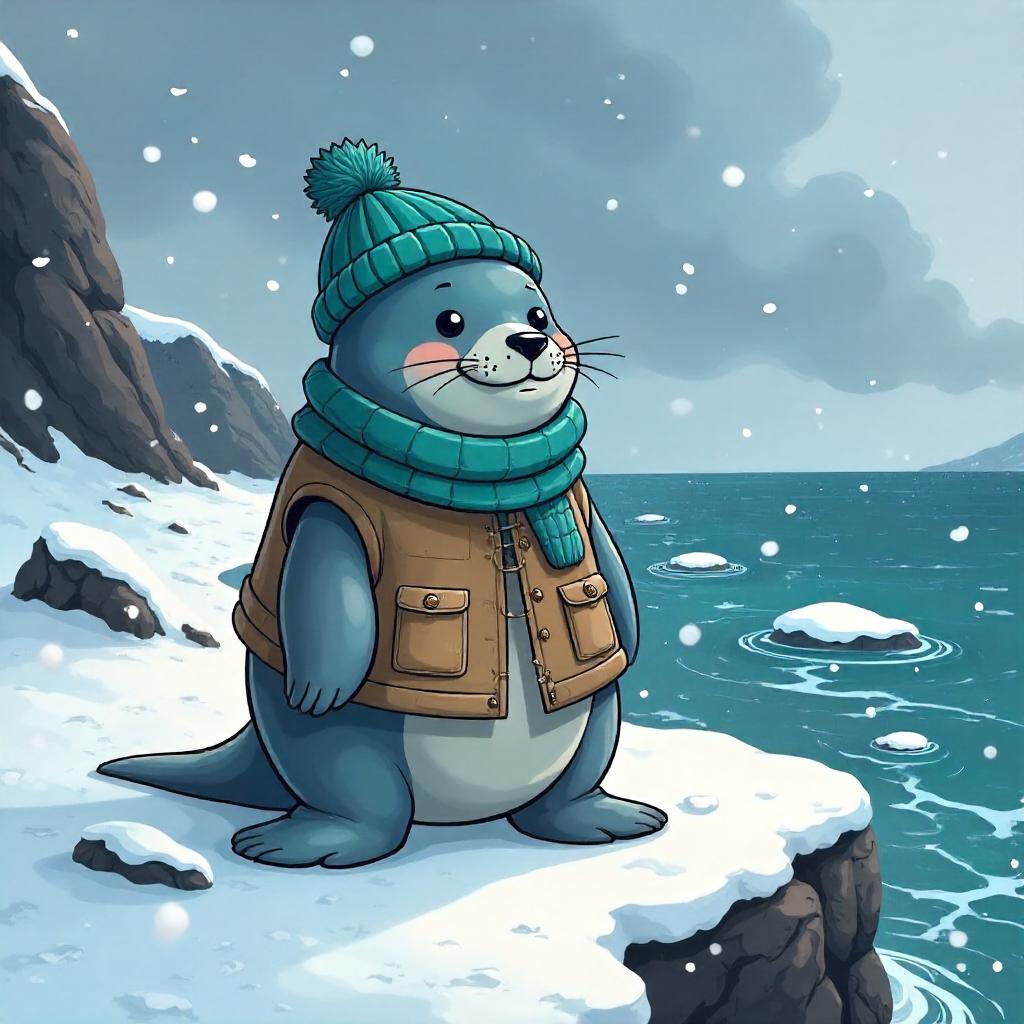Cartoon Selkie Braving a Blizzard