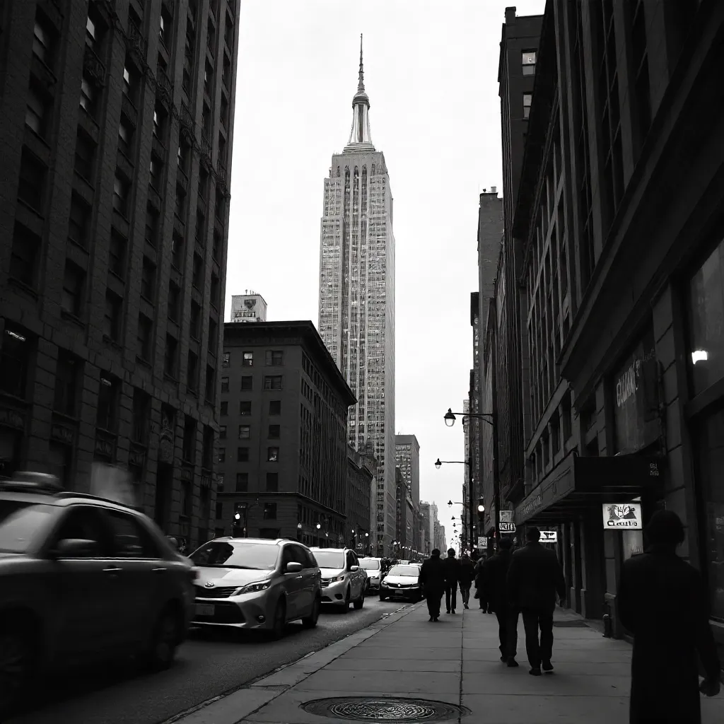 Iconic Street-Level Black-and-White Empire State View